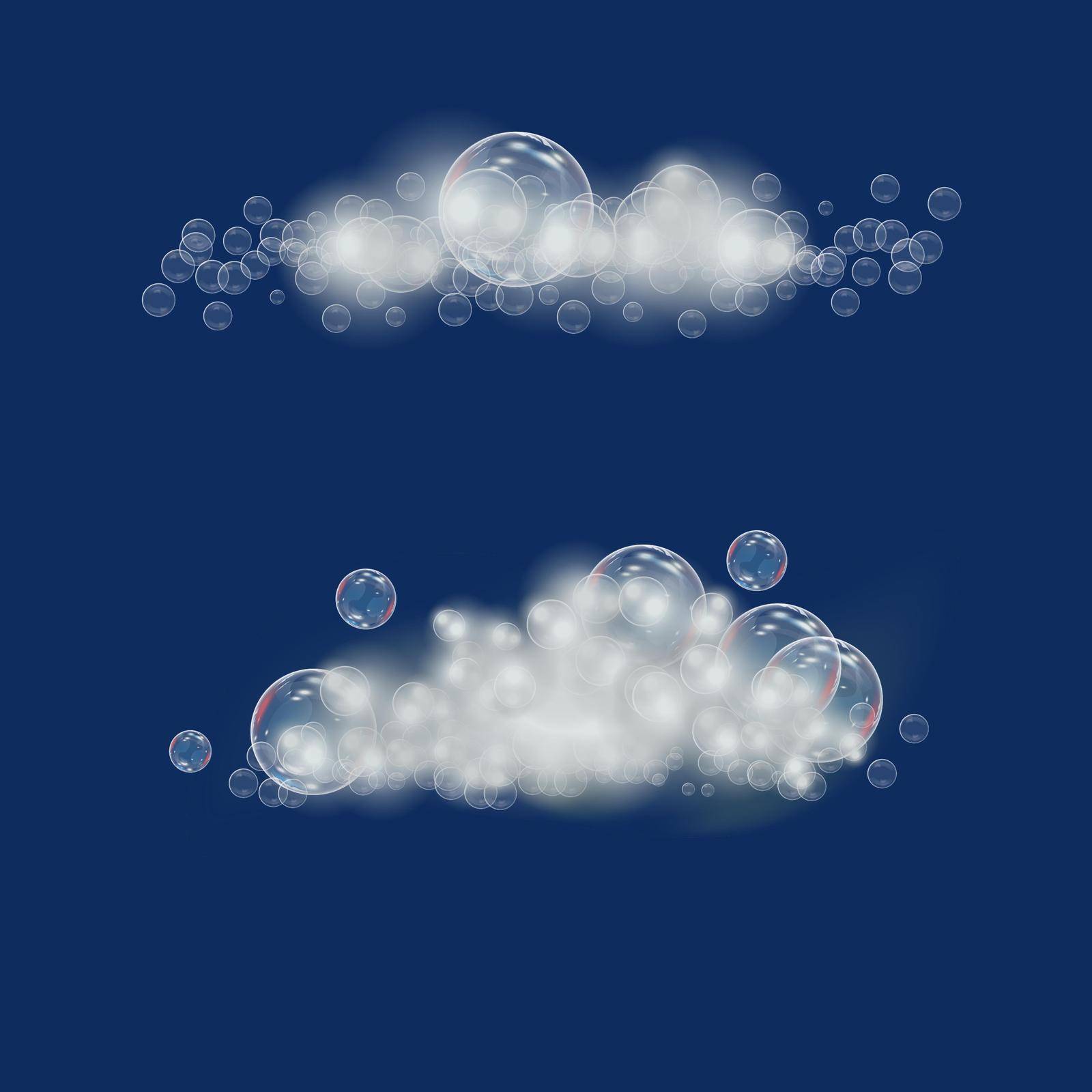 foam with soap in the form of clouds on a blue background. Shampoo and foam vector illustration