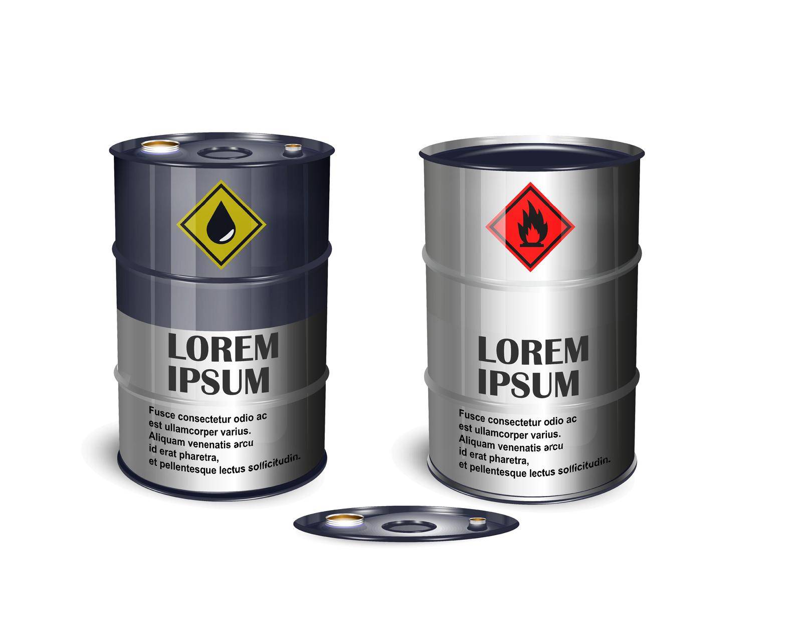Glossy metal barrel with a volume of 200 liters. Container for liquid chemical products - oil, fuel, gasoline. Photorealistic vector 3d packaging mockup template with sample design. by Samodelkin20