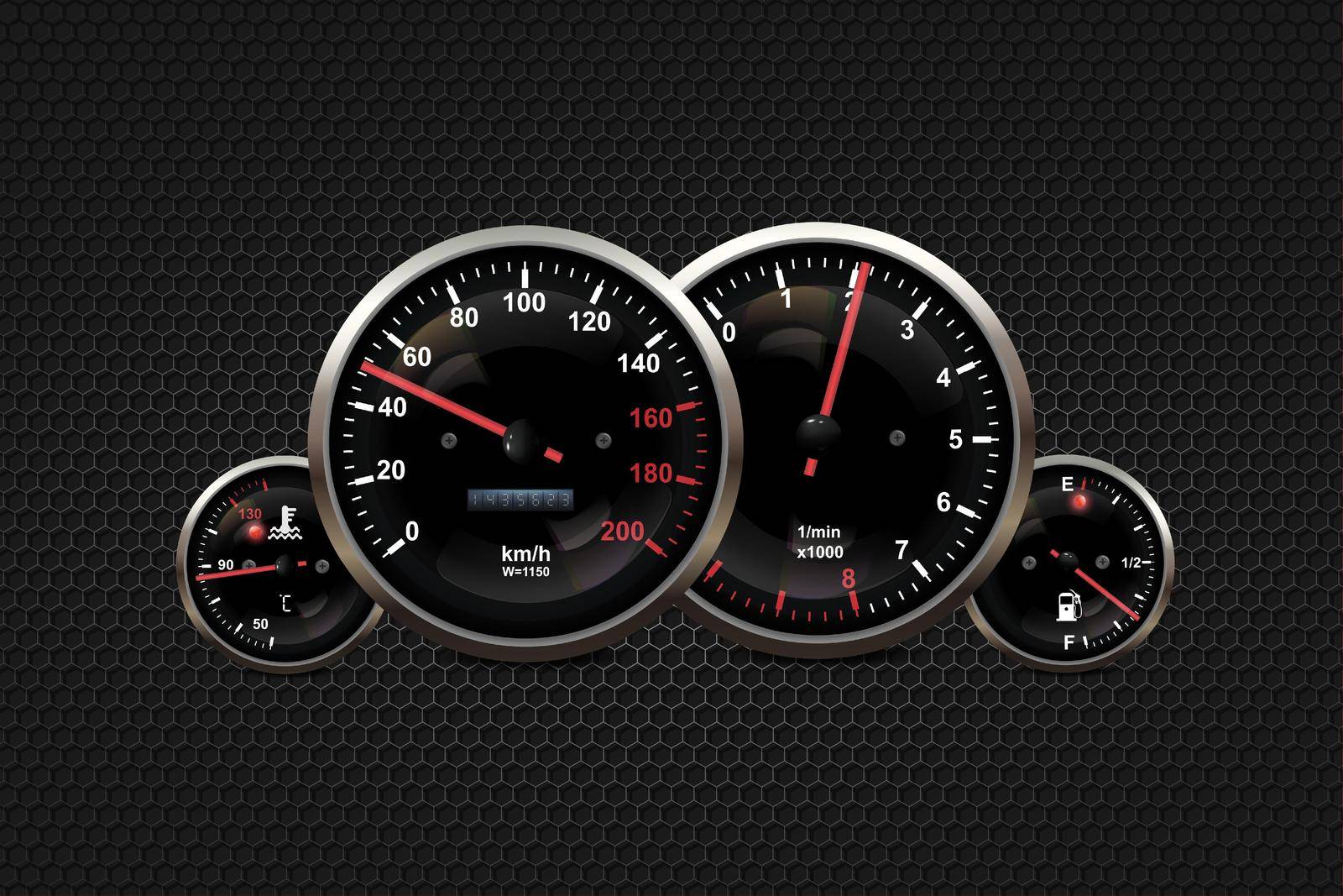 Car dashboard speedometer, tachometer, digital LED indicators for fuel and engine temperature. Vector realistic elements of car dashboard instrument cluster. by Samodelkin20