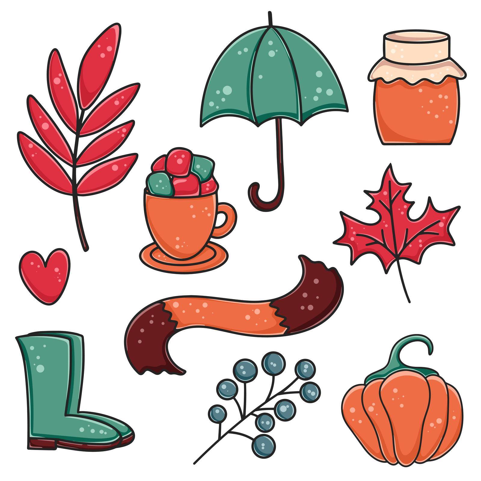 Autumn set of items for comfort. Bundle of umbrella, rubber boots, scarf, honey, pumpkin, maple leaf, berries, coffee with marshmallows. Hand drawn fall seasonal isolated elements vector illustration