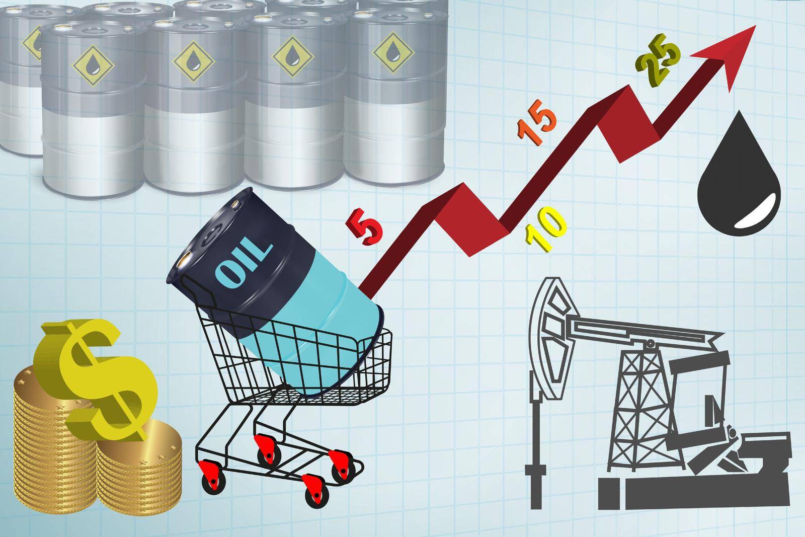 Oil barrel graph with red arrow pointing up. Vector illustration