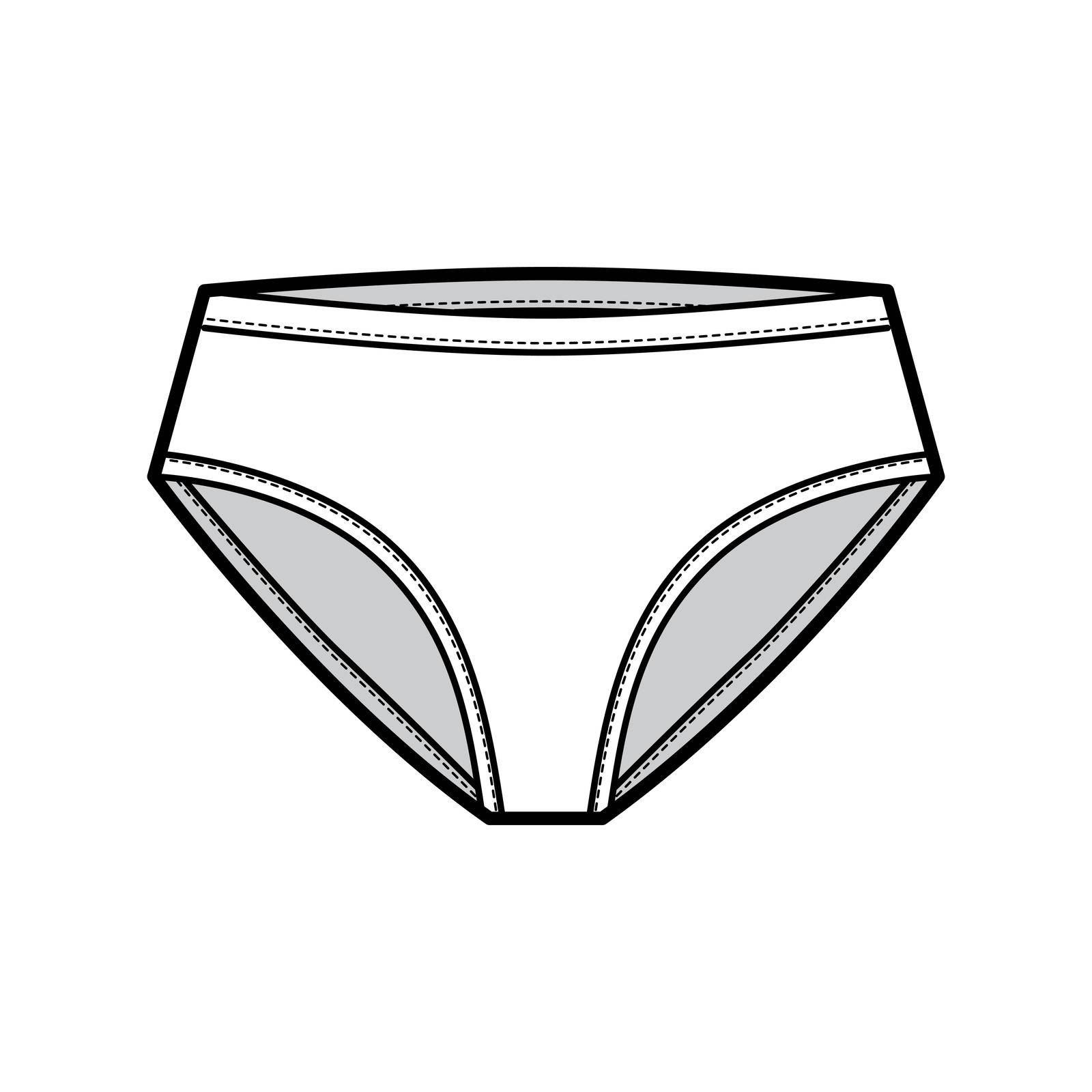 High-cut briefs technical fashion illustration with mid hips coverage and waist rise. Flat Mini-short panties bikini lingerie template front, white color. Women men unisex underwear CAD mockup