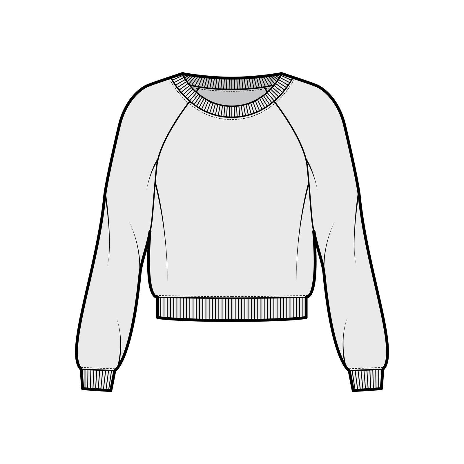 Cotton-terry sweatshirt technical fashion illustration with relaxed fit, scoop neckline, long raglan sleeves, ribbed trims. Flat outwear jumper apparel template front grey color. Women, men unisex top