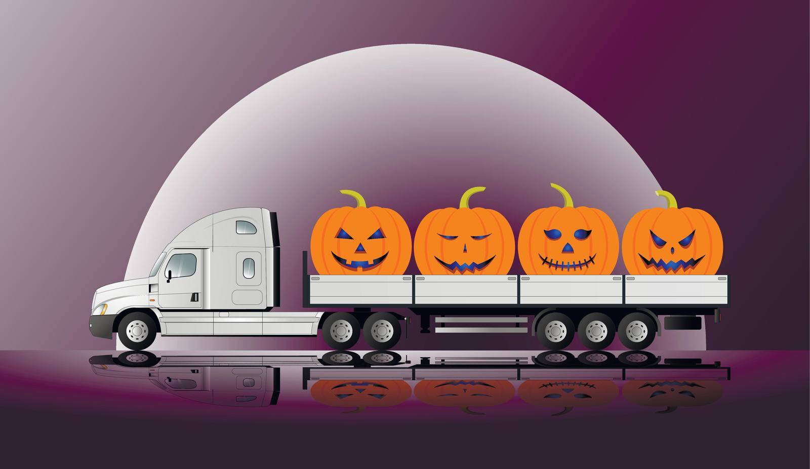 A modern American road train transporting Halloween pumpkins against the backdrop of a full moon. Reflection.
