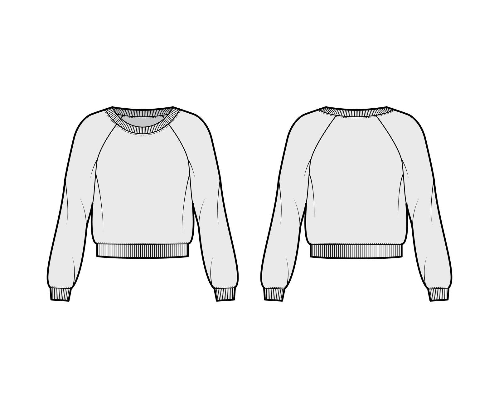 Cotton-terry sweatshirt technical fashion illustration with relaxed fit, scoop neckline, long raglan sleeves, ribbed trims. Flat jumper apparel template front back grey color. Women men unisex top CAD