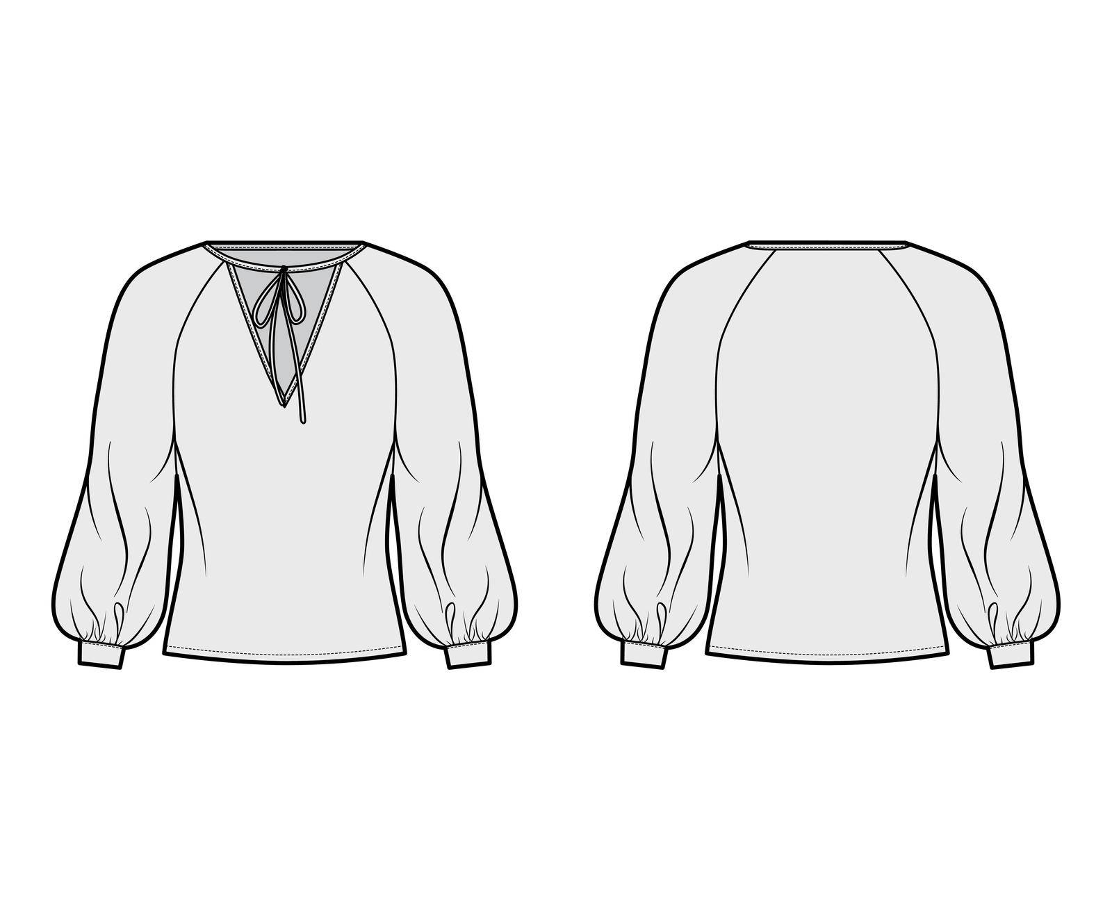 Tie-detailed neckline blouse technical fashion illustration with long raglan bishop sleeves, oversized, elongated hem. Flat apparel shirt template front back grey color. Women, unisex top CAD mockup