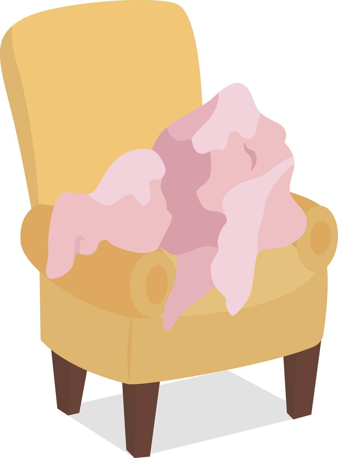 Leaving dirty clothes on armchair semi flat color vector object. Full sized item on white. Dirty laundry on chair isolated modern cartoon style illustration for graphic design and animation