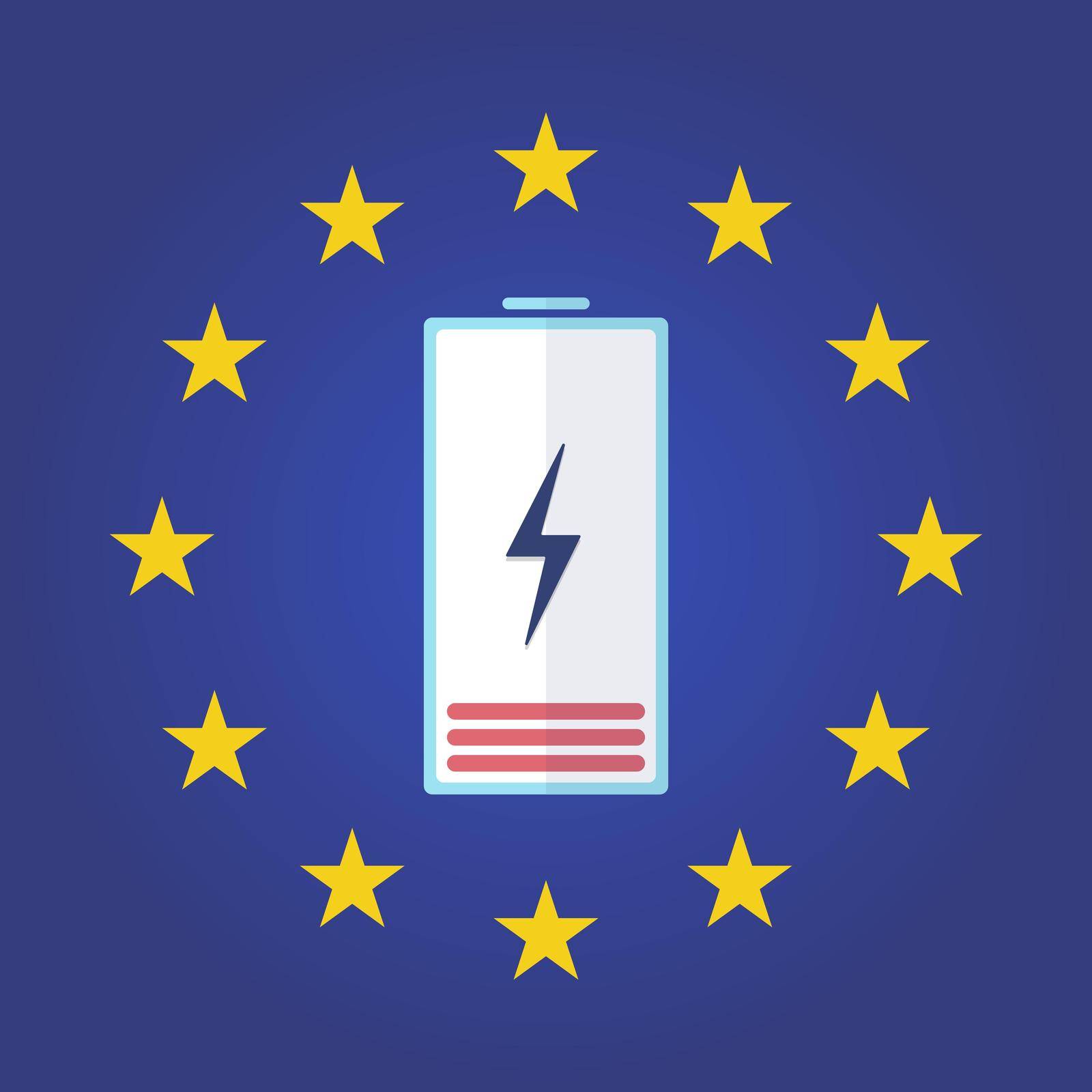 The concept of the energy crisis in Europe. A battery with a dead battery and a lightning bolt icon on it on a blue background with the stars of the European Union. Termination of the supply of resources from Russia