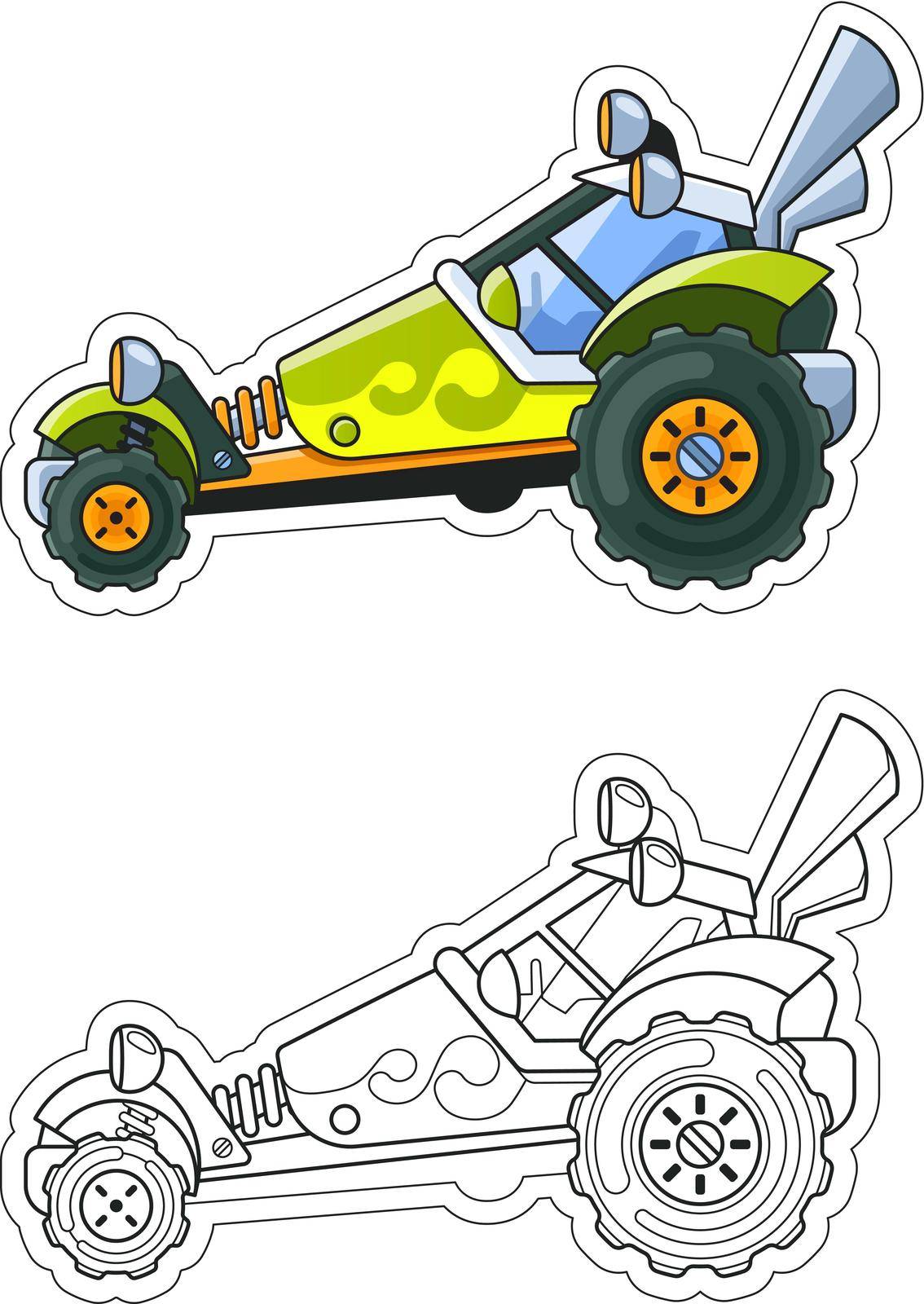 Green Buggy Side View Coloring Book. Colored Version and Line Art. Vector EPS10