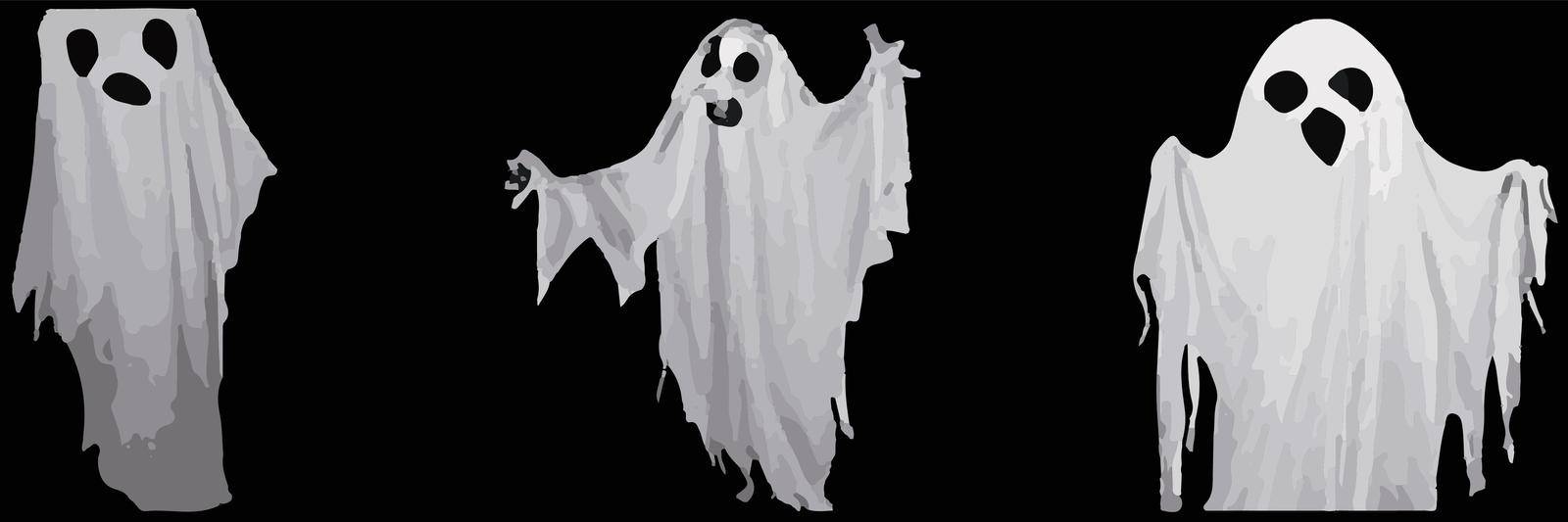 Creepy Halloween background with flying ghosts on black background. scary phantoms banner vector Realistic ghost set. Halloween Scary ghoul or ghostly illustration.