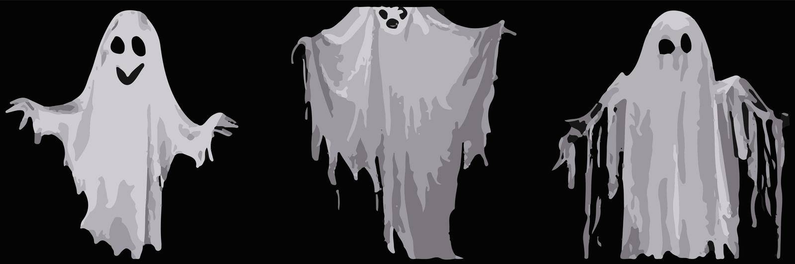 Creepy Halloween background with flying ghosts on black background. scary phantoms banner vector Realistic ghost set. by kasynets_olena