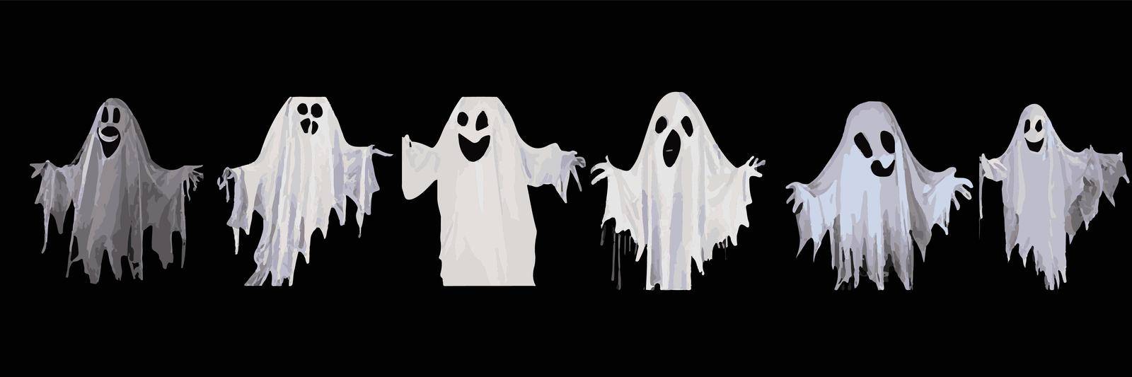 Creepy Halloween background with flying ghosts on black background. scary phantoms banner vector Realistic ghost set. by kasynets_olena