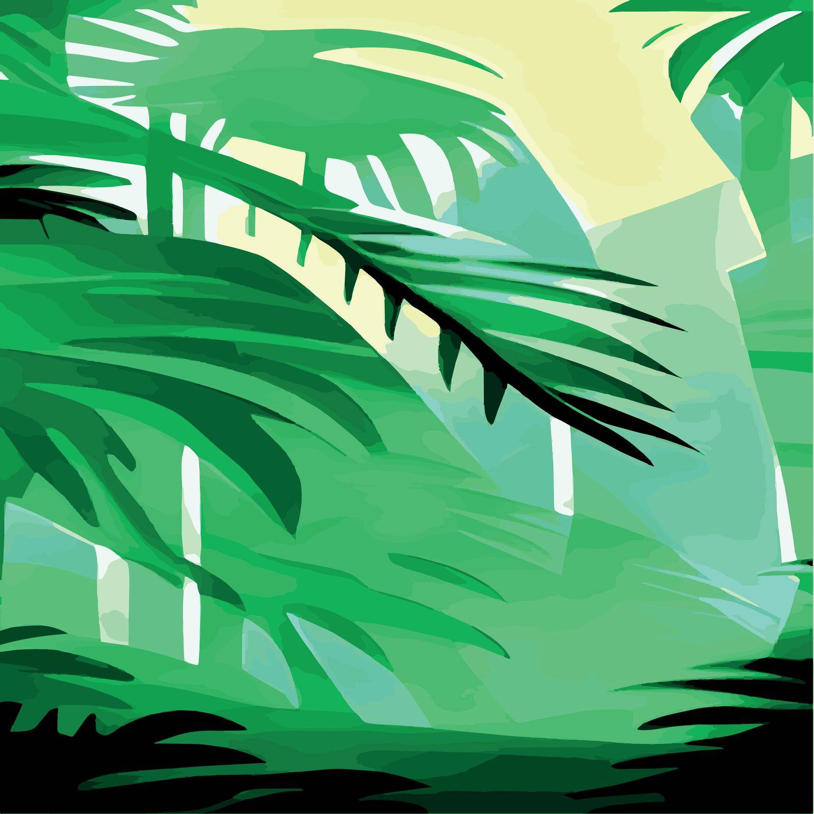 Tropical card with lush palm foliage. Oasis landscape. Hand drawn vector illustration .vector Tropical typography design with jungle green palm leaves. forest background