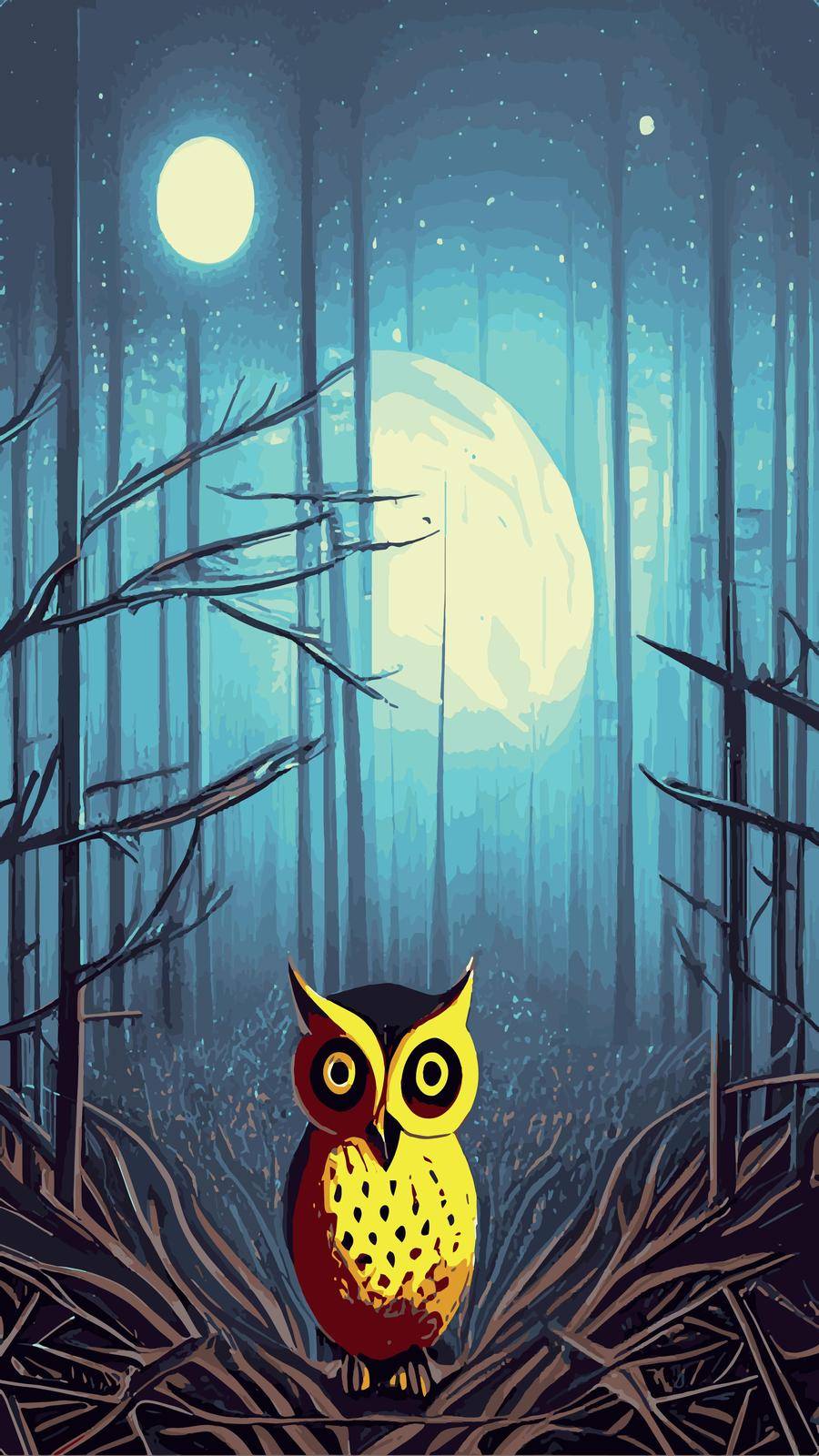 cartoon illustration owl sitting forest under full moon. vertical vector illustration. owl sits branch looks seriously wisely. Fairy forest looks magical. Beautiful powerful bird forest suitable