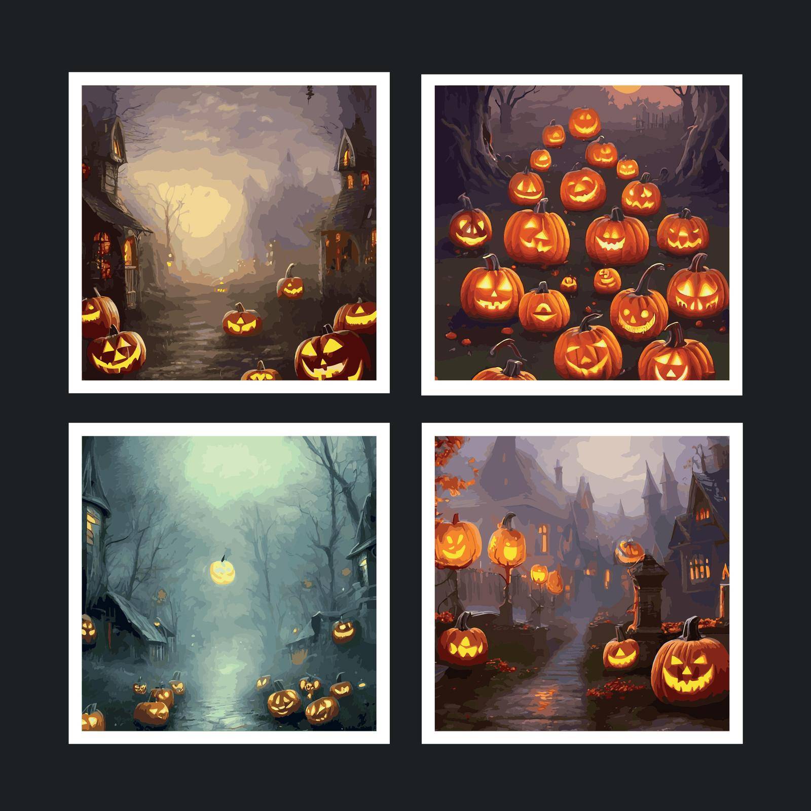Set of square posters. Halloween spooky glowing pumpkin decorations for party with dark house, graveyard. Horror night by kasynets_olena