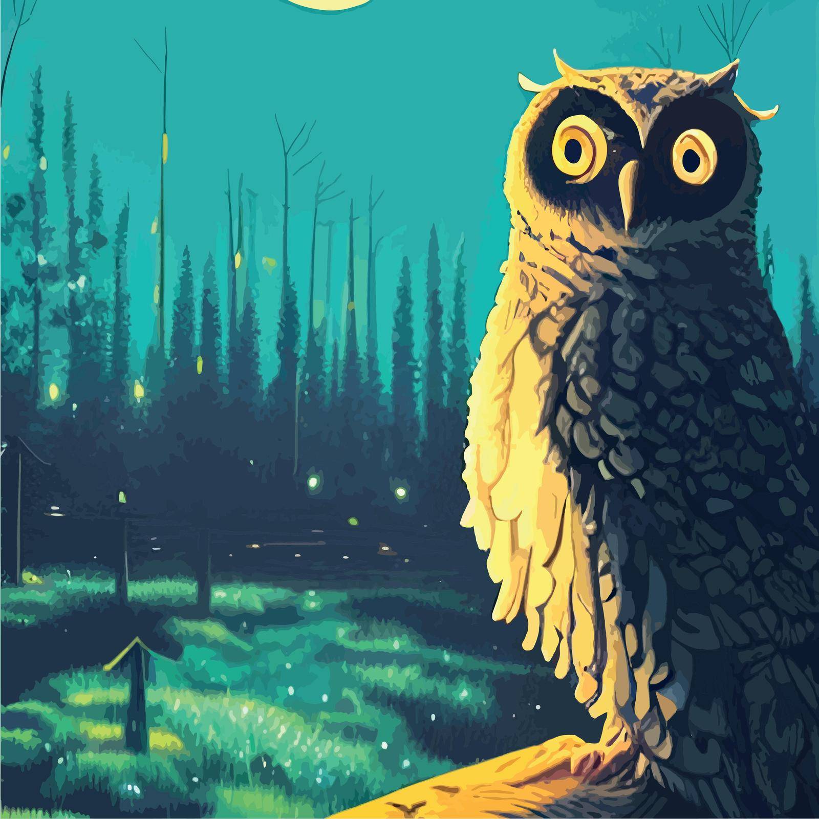 cartoon illustration owl sitting forest under full moon. vertical vector illustration. owl sits branch looks seriously wisely. Fairy forest looks magical. Beautiful powerful bird forest suitable