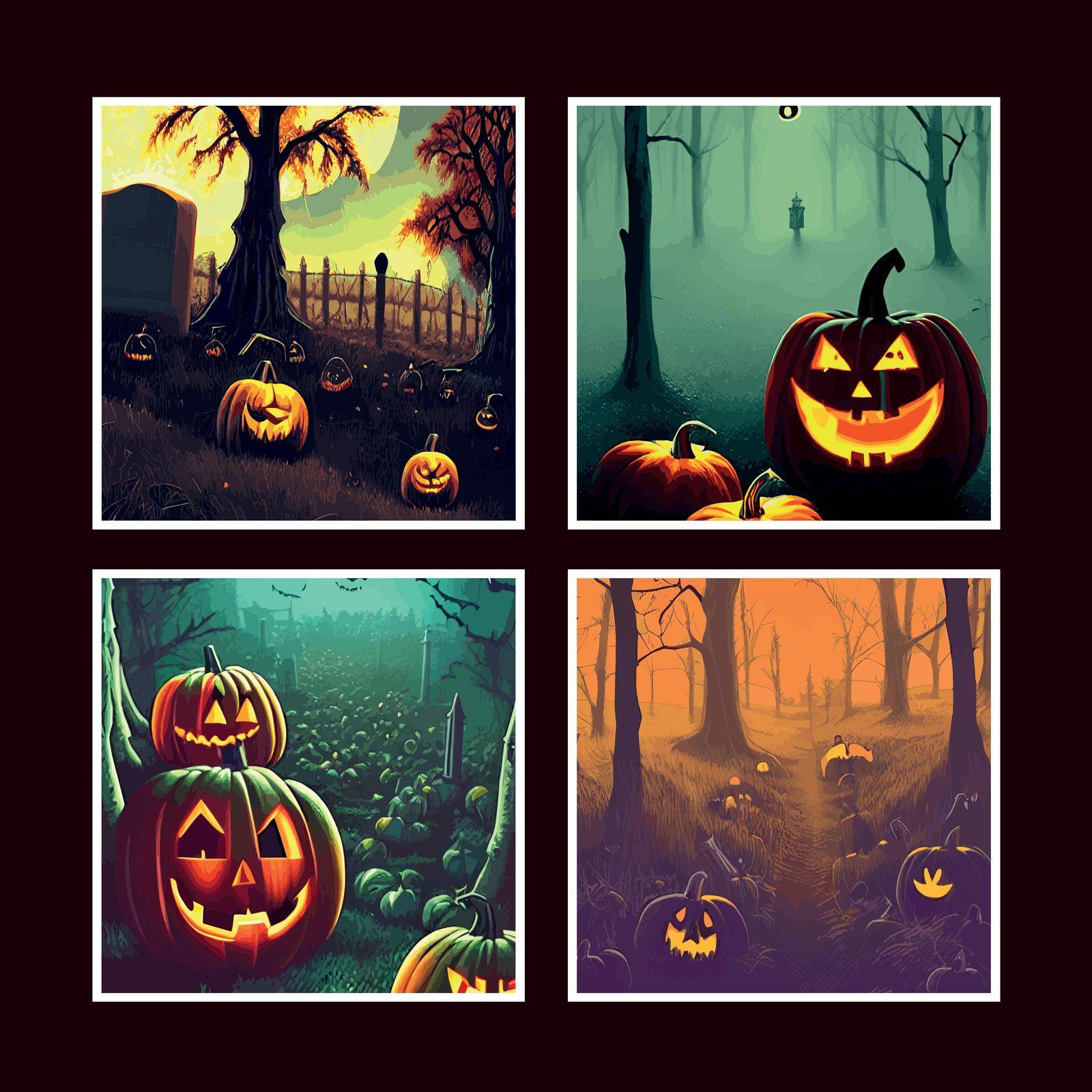 dark gothic vector illustration with drawn cartoon, , pumpkin and dark background. set of four posters for a halloween party. Halloween night background with pumpkin, ghost house and full moon.