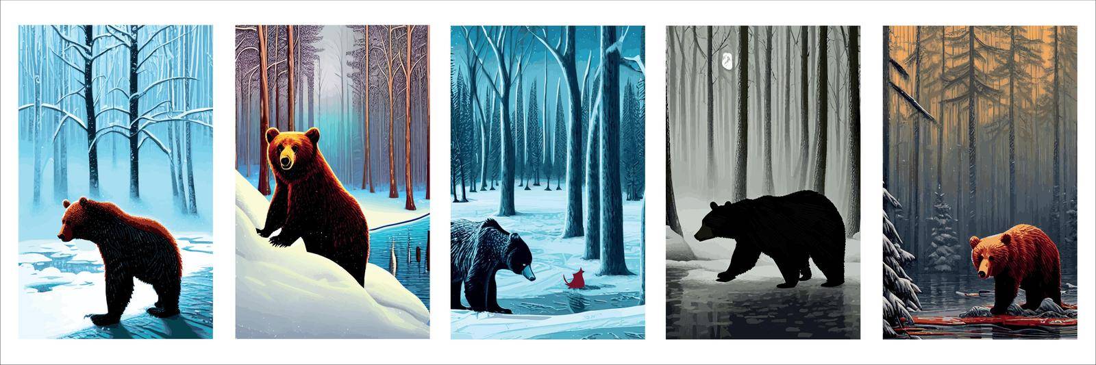 Angry, hungry bear, do not sleep in winter and walk. Vector flat cartoon illustration set poster. wildlife Mammal by kasynets_olena