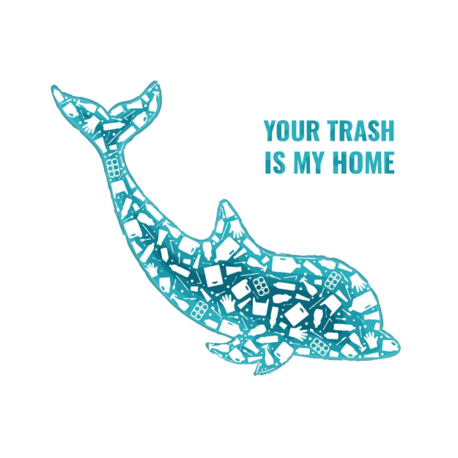 Plastic waste ocean environment problem concept vector llustration. Dolphin marine mammal silhouette filled with plastic garbage flat icons. Microplastic pollution problem, single use plastic crisis.
