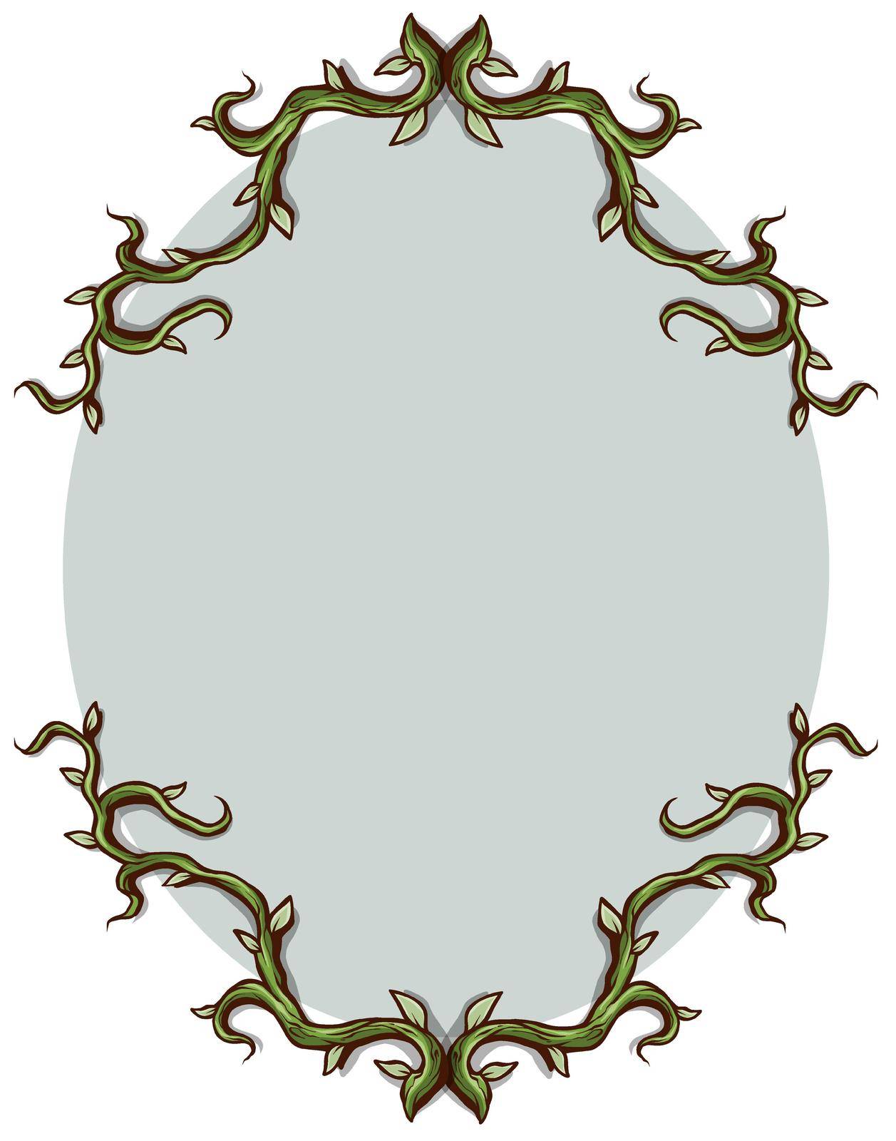 Graphic cartoon oval green border frame branch, stem with leaves. Isolated on white background. Vector icon.