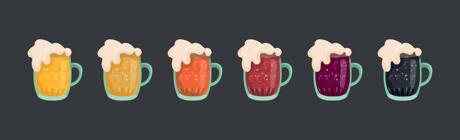 Set of 6 mugs of different types of beer - Vector illustration