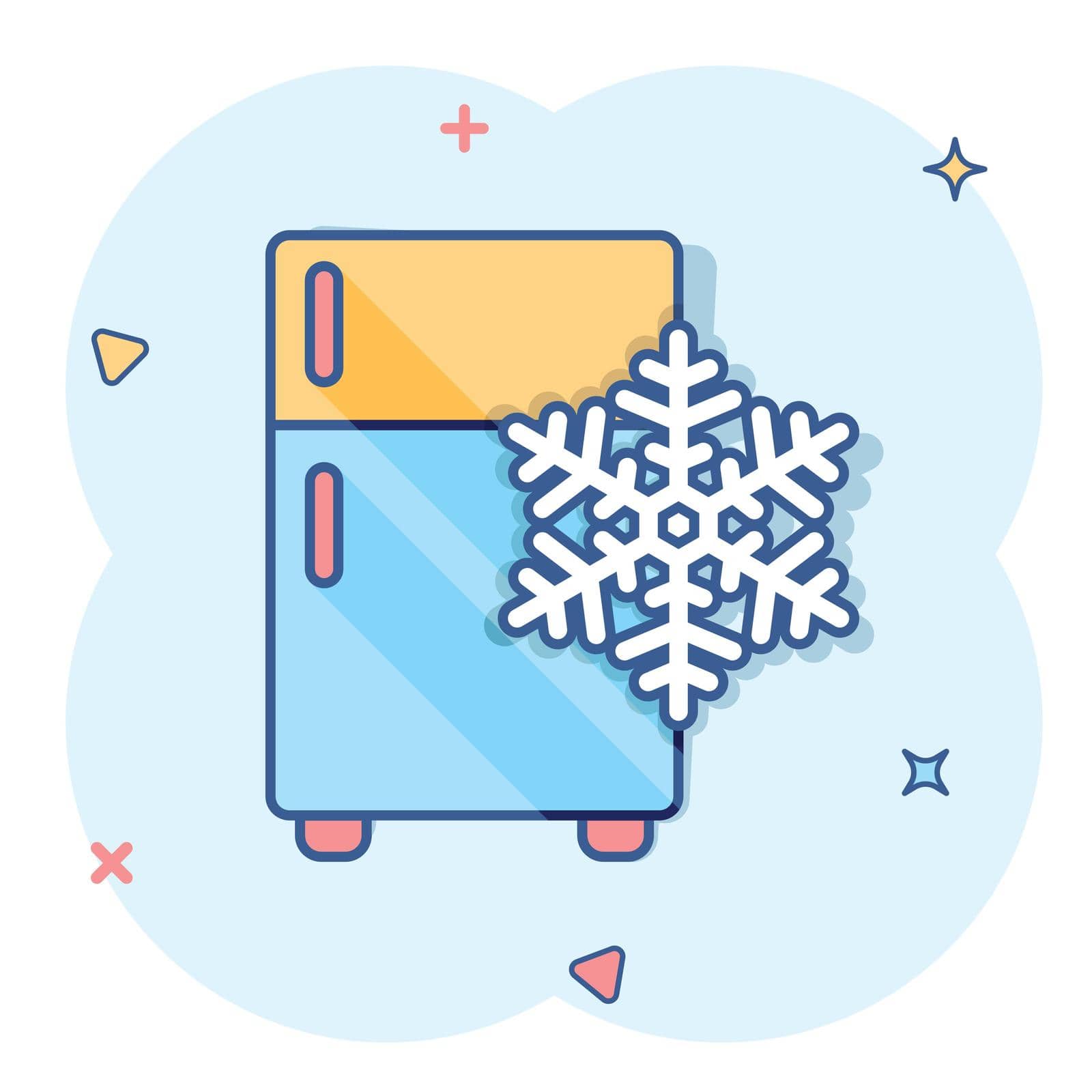 Fridge refrigerator icon in comic style. Freezer container vector cartoon illustration pictogram. Fridge business concept splash effect. by LysenkoA