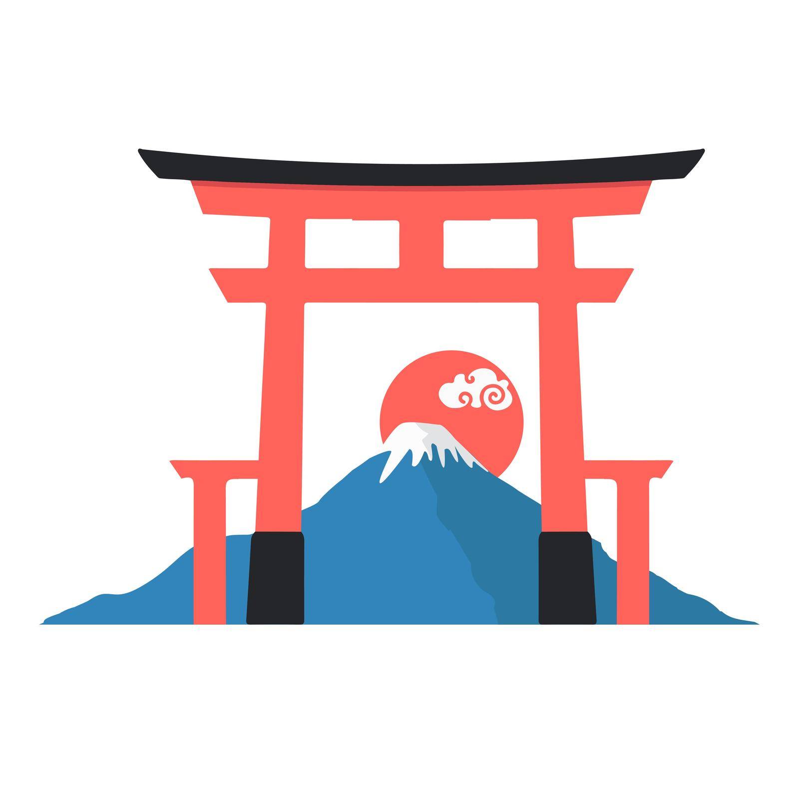 Mount Fuji red sun with torii gate icon by focus_bell