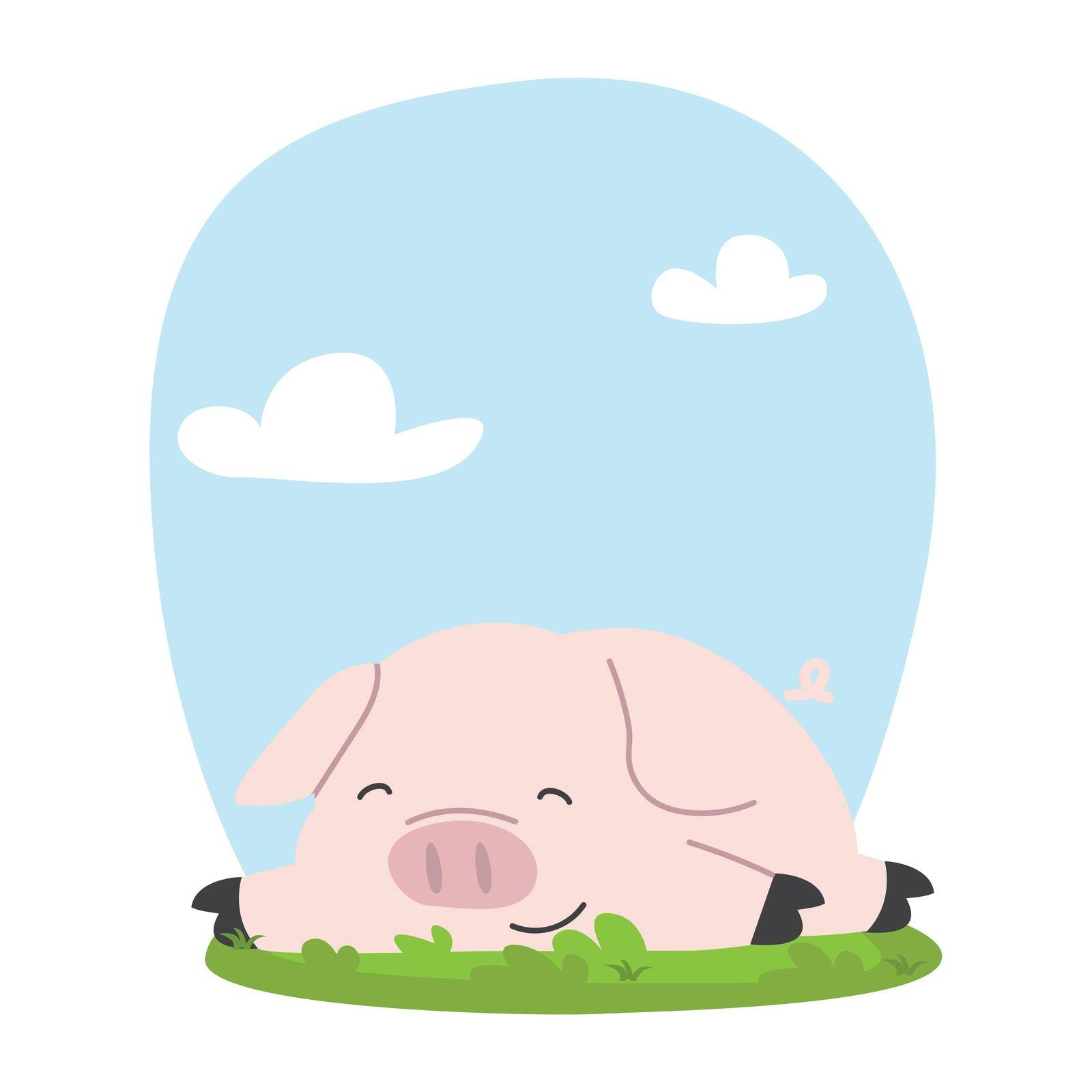 cute pig on grass cartoon by focus_bell