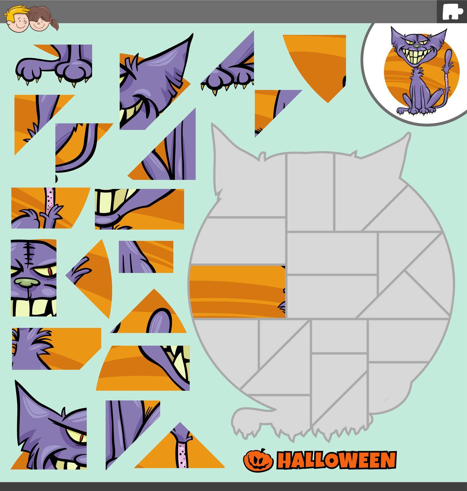 Cartoon illustration of educational jigsaw puzzle game for children with zombie cat character on Halloween time