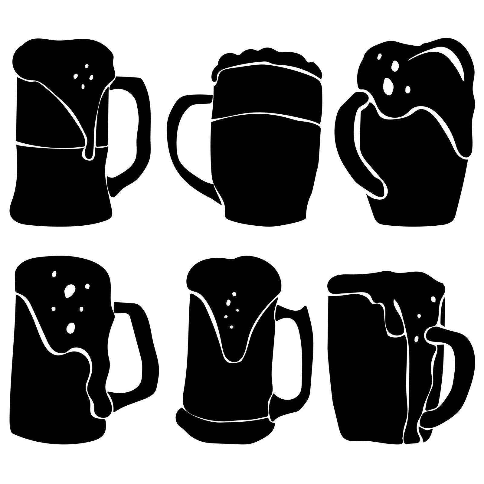 Set of silhouettes of glass mugs with beer, foamy drink in a high glass with a handle vector illustration
