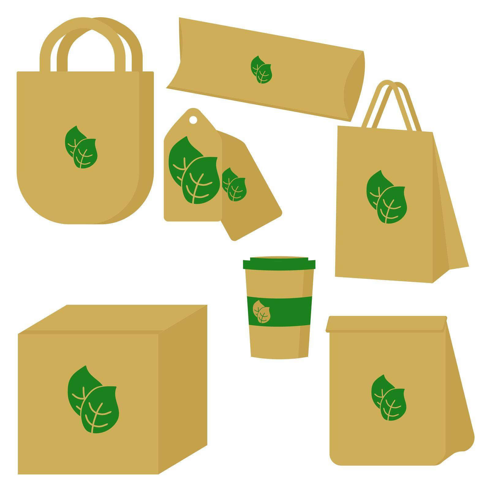 Eco friendly packaging set for various goods, packaging for things and items, shopping bags, brown paper bag, food container and beverage cup in flat style with green leaf symbol vector illustration