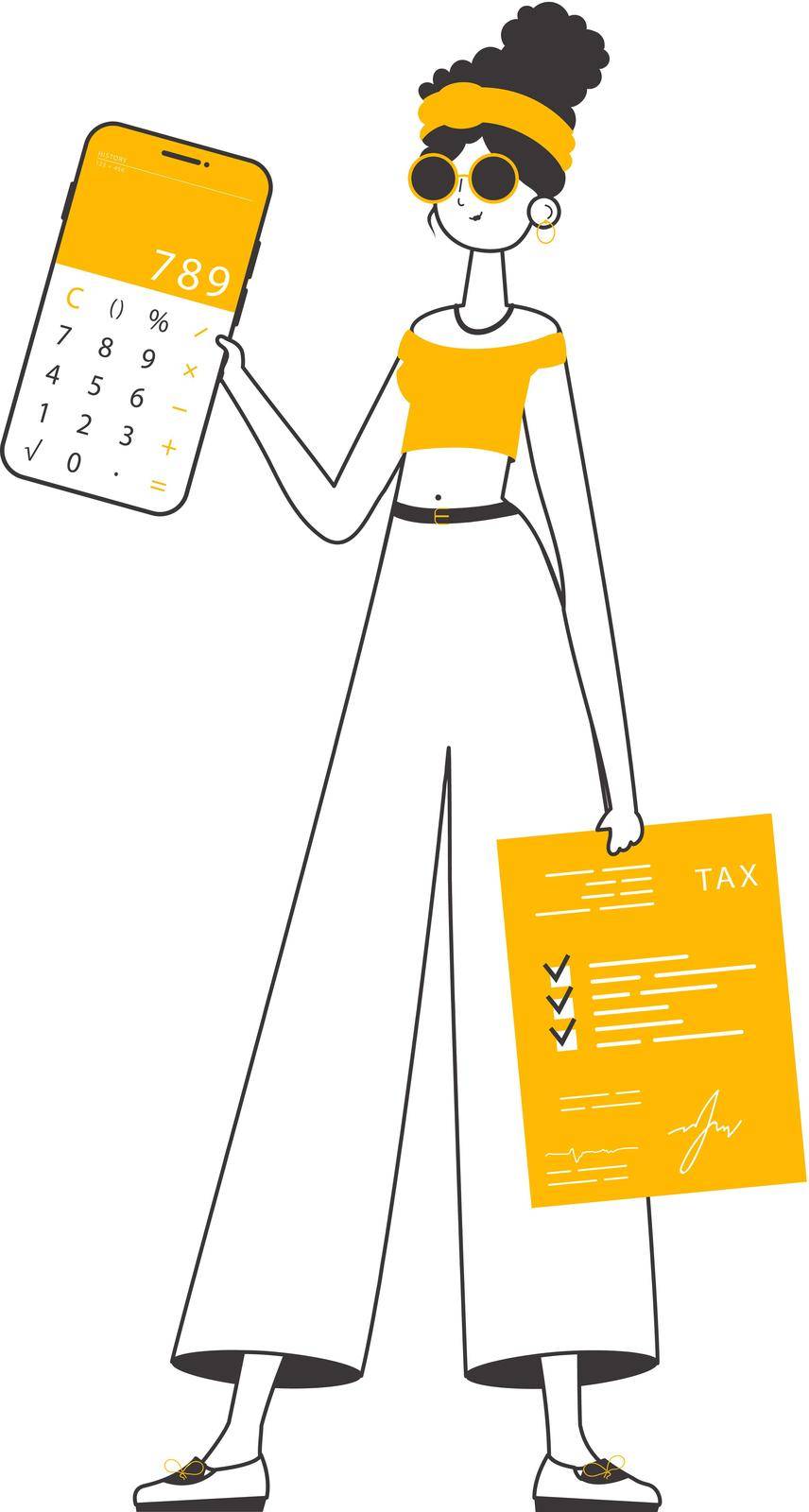 A woman holds a calculator and a tax form in her hands. Linear trendy style. Isolated. Vector illustration.