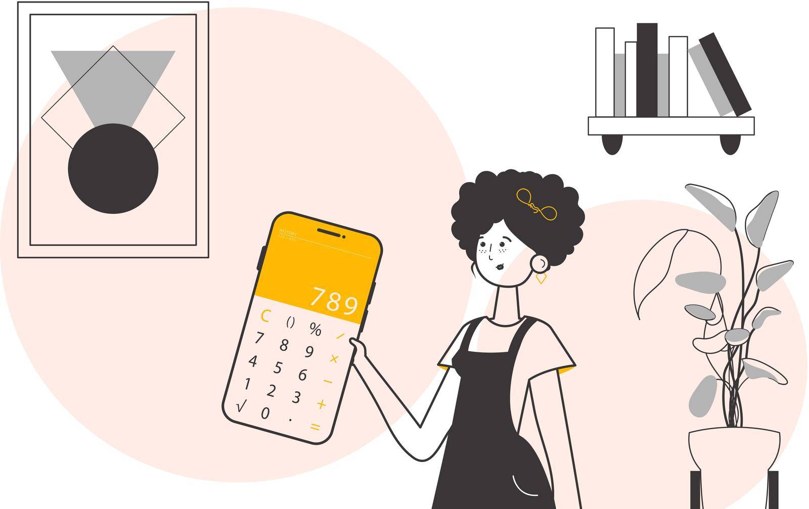 The girl is holding a calculator. Lineart. Vector illustration.