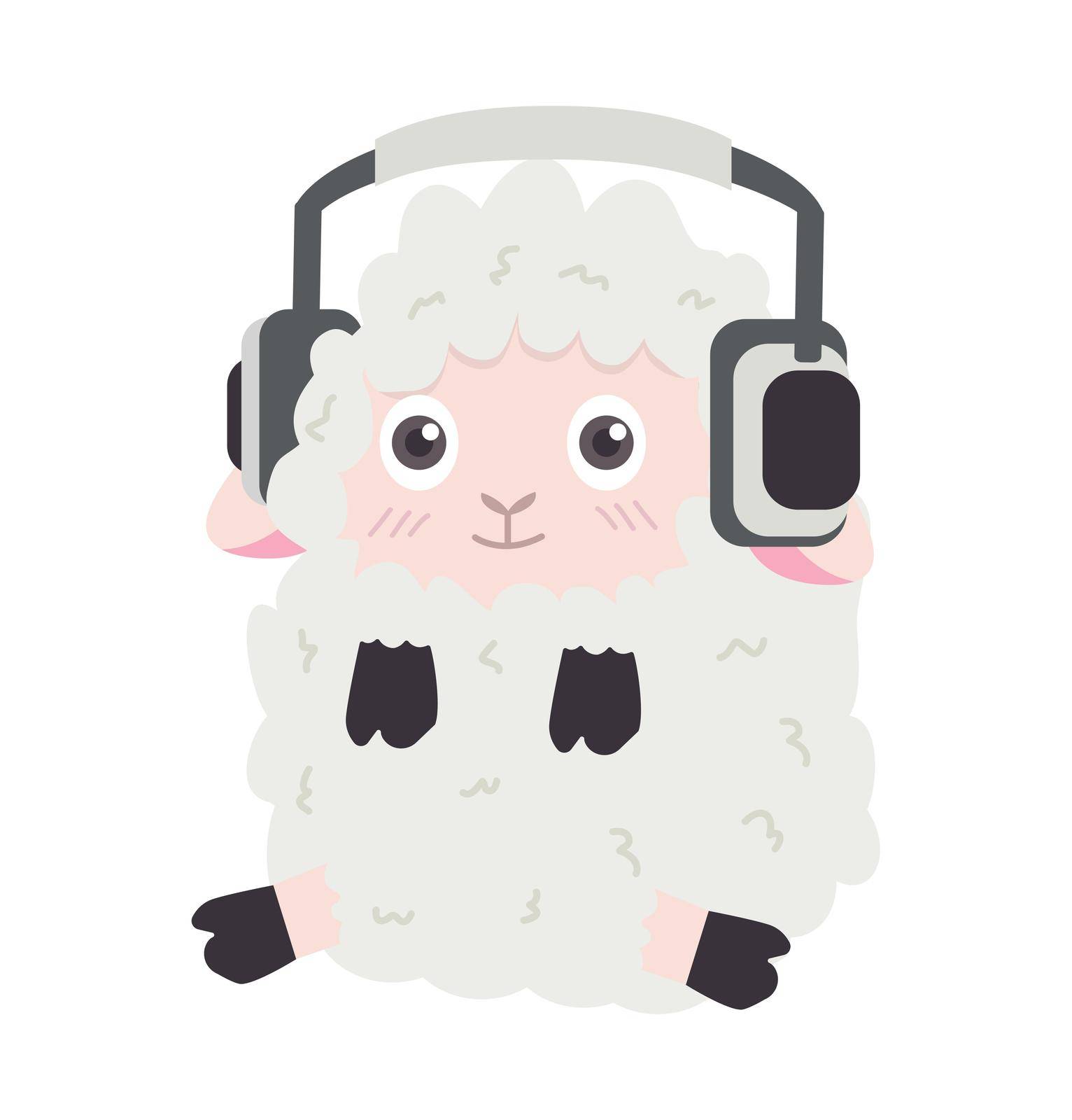 little sheep  listening music in headphones cartoon by focus_bell