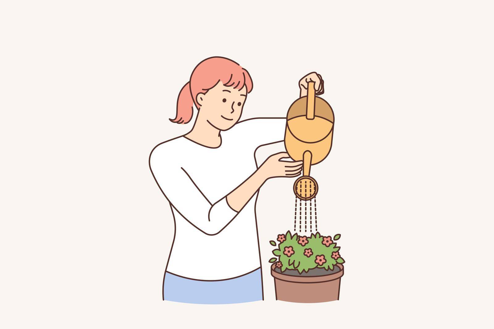 Smiling young woman watering flowers at home. Happy girl holding water can take care of houseplant in pot. Gardening concept. Vector illustration.