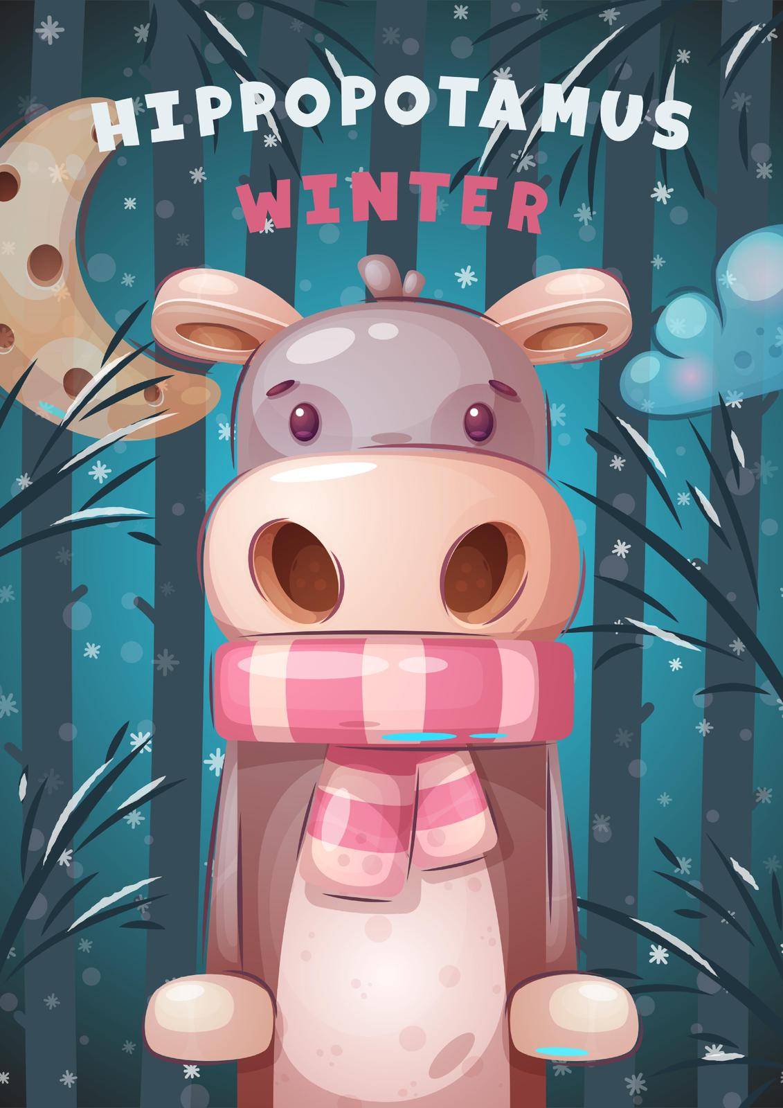 Cartoon character adorable animal winter hippo. Vector eps 10