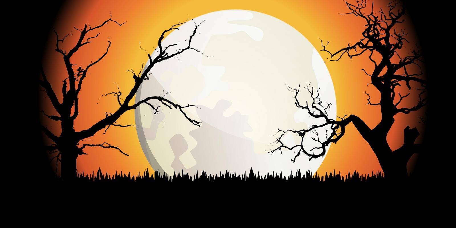 Halloween Theme Background with Full Moon and Trees Silhouettes. Vector Illustration