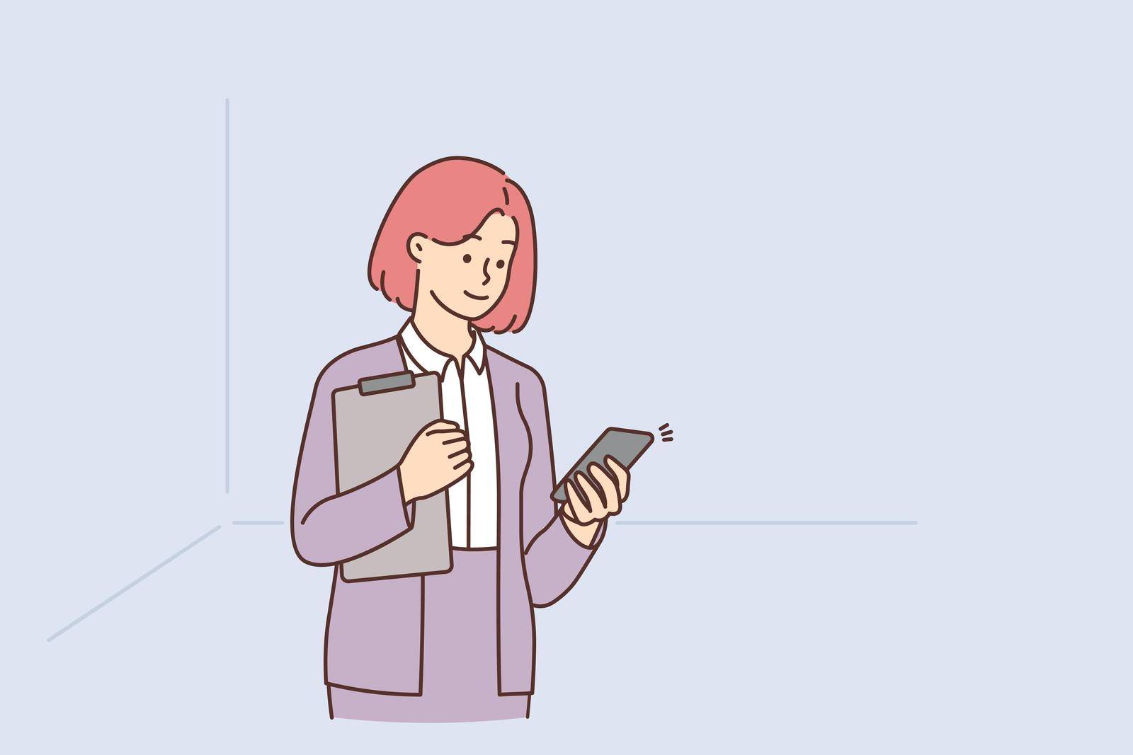 Businesswoman with documents using cellphone online communication. Smiling female employee or worker text on internet on smartphone. Vector illustration.