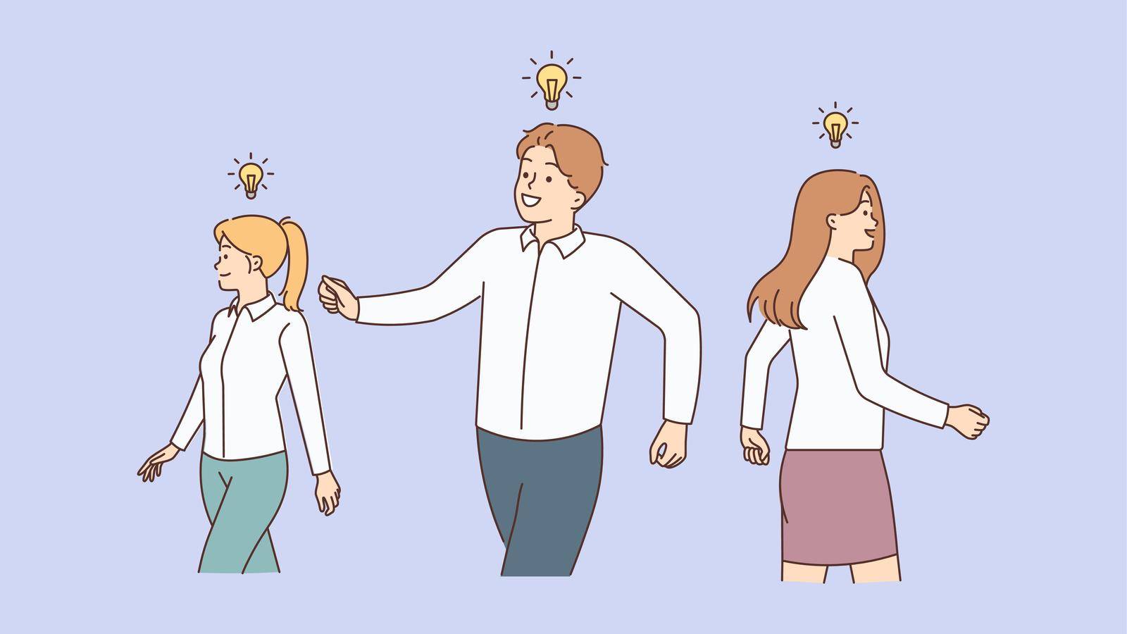 Diverse people with lightbulbs above heads generate business ideas. Employees or workers brainstorm make creative solutions. Vector illustration.