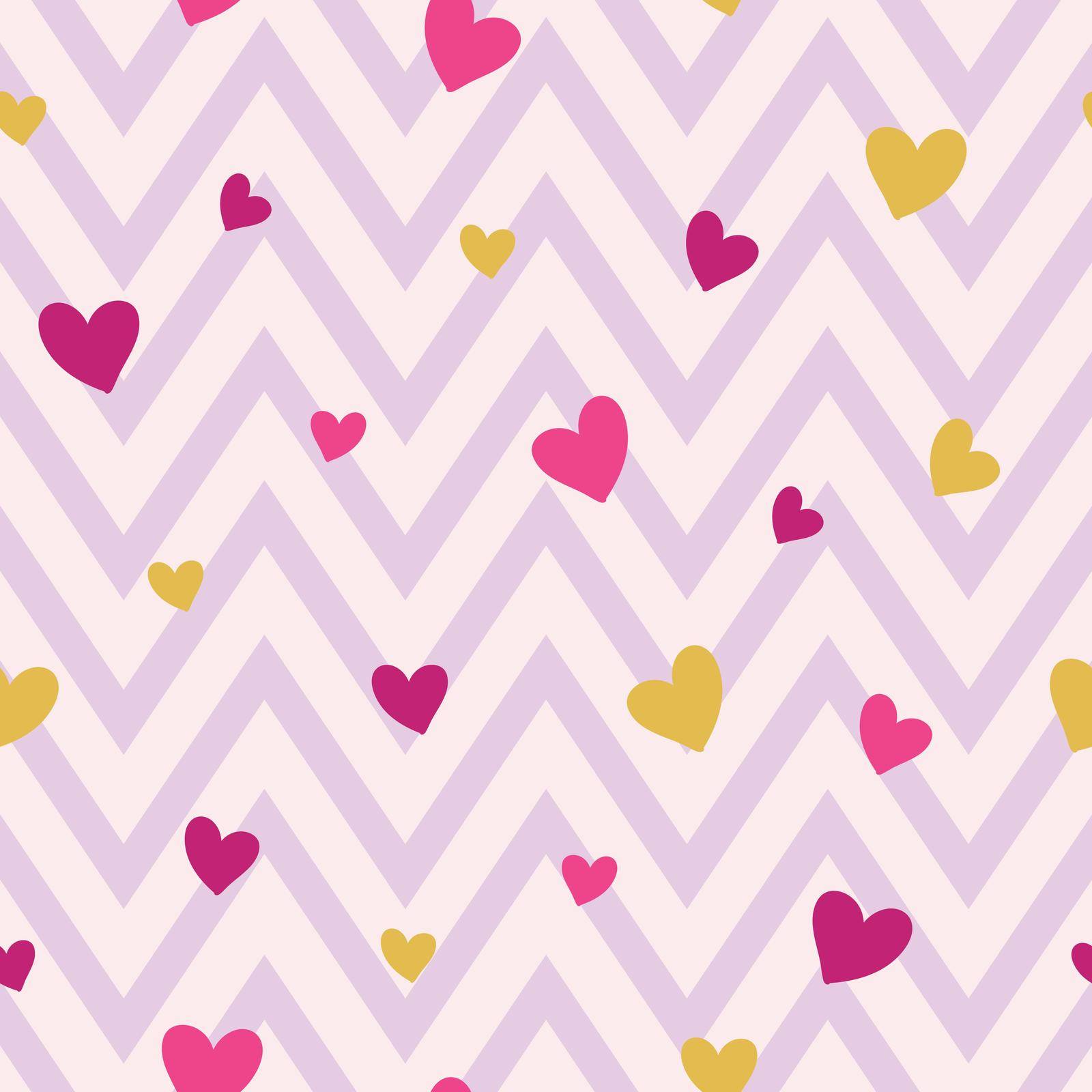 Seamless pattern with pink and gold hearts on pink chevron background illustration