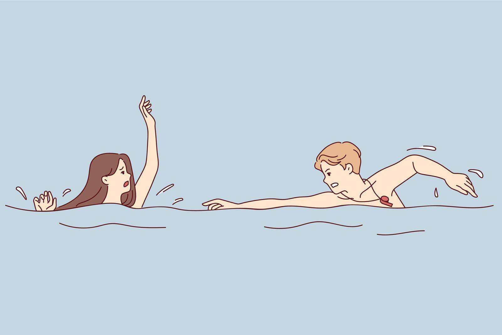 Male guard swimming to stressed female sinking in water. Rescuer rush to worried female drowning in sea or pool. Vector illustration.