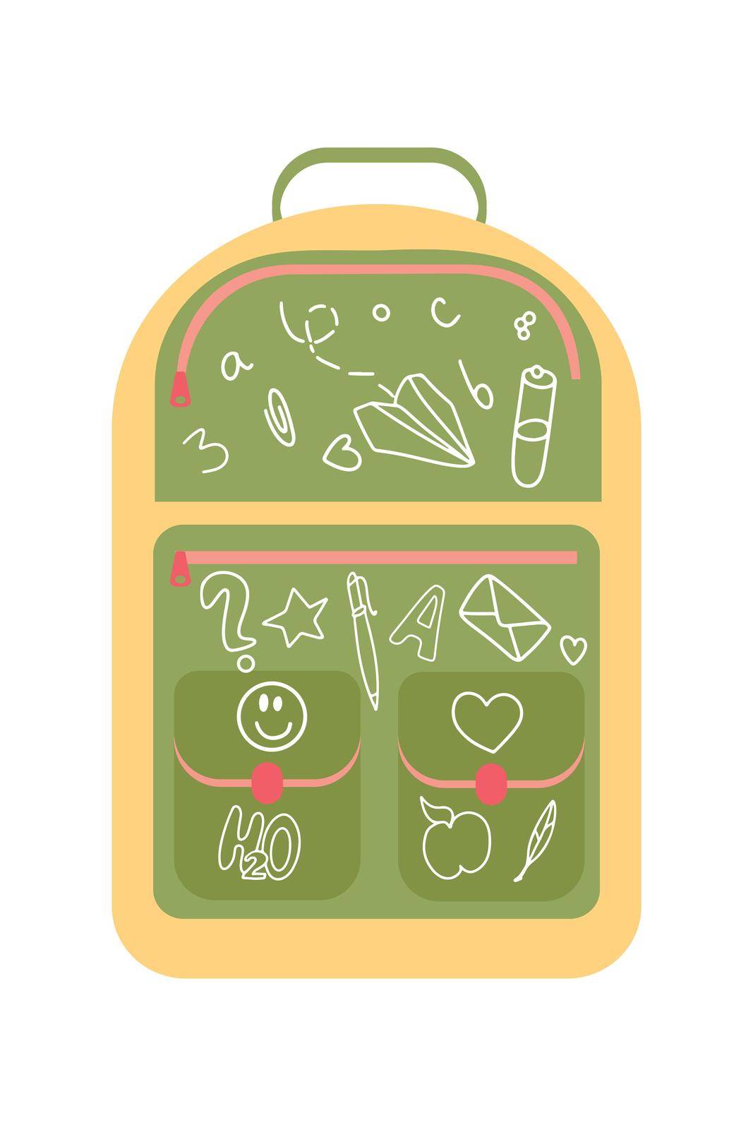 Multicolored school backpack. Vector illustration in a flat style with doodle drawings