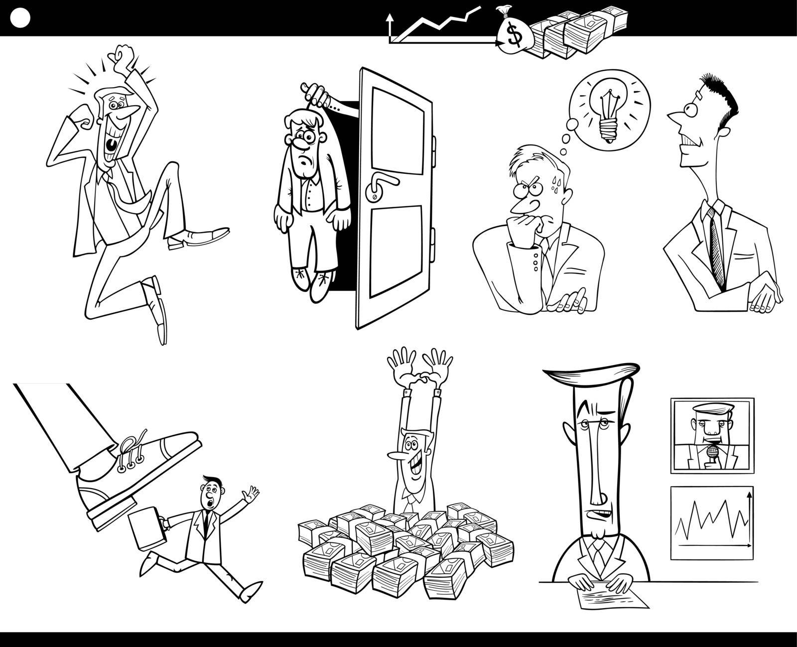 Black and white cartoon illustration of business concepts with funny people and businessmen characters set