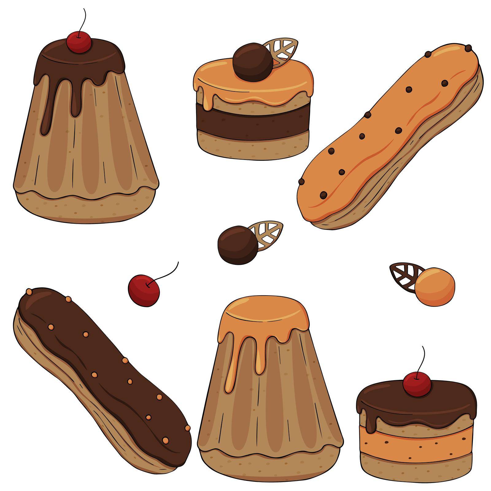 Chocolate caramel cream cakes with berries vector set on a white background