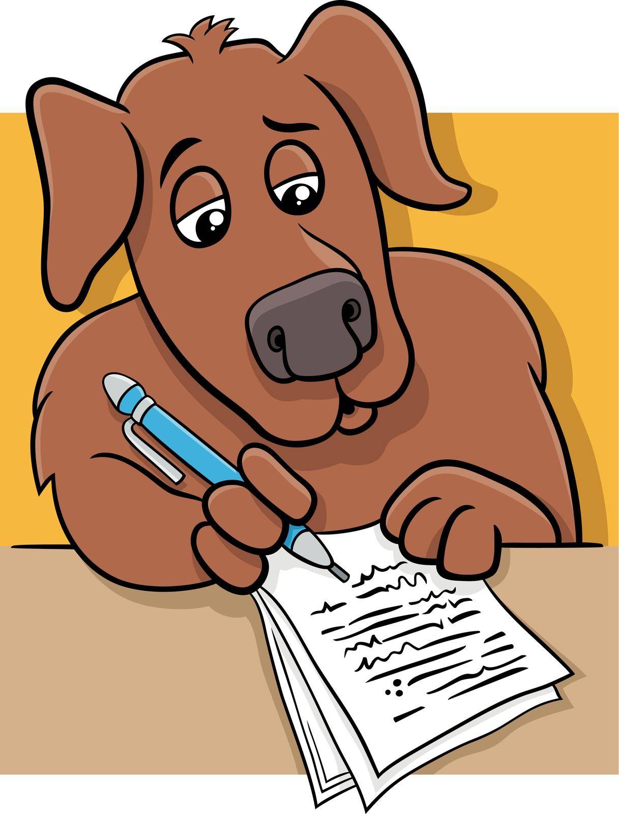 Cartoon illustration of the writer or poet dog writting on paper