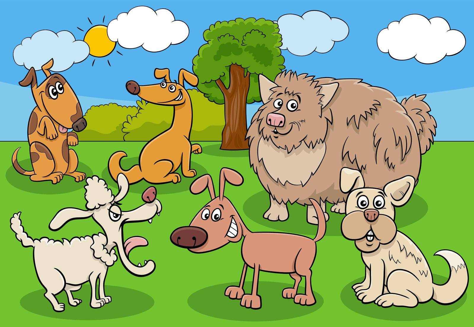 Cartoon illustration of funny dogs and puppies animal characters group