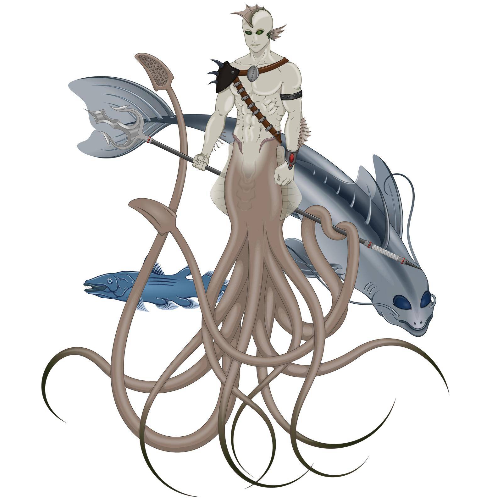 Half man half squid creature vector design, fantasy creature with trident, sea creature with tentacles
