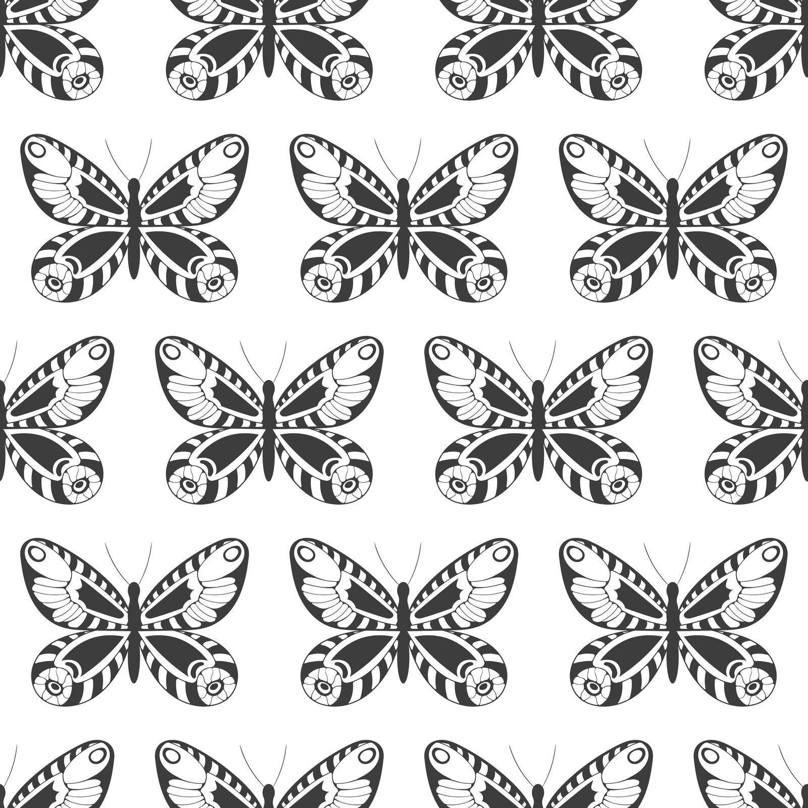 Seamless pattern with black silhouettes of butterflies isolated on a white background. Simple monochrome abstract outline design
