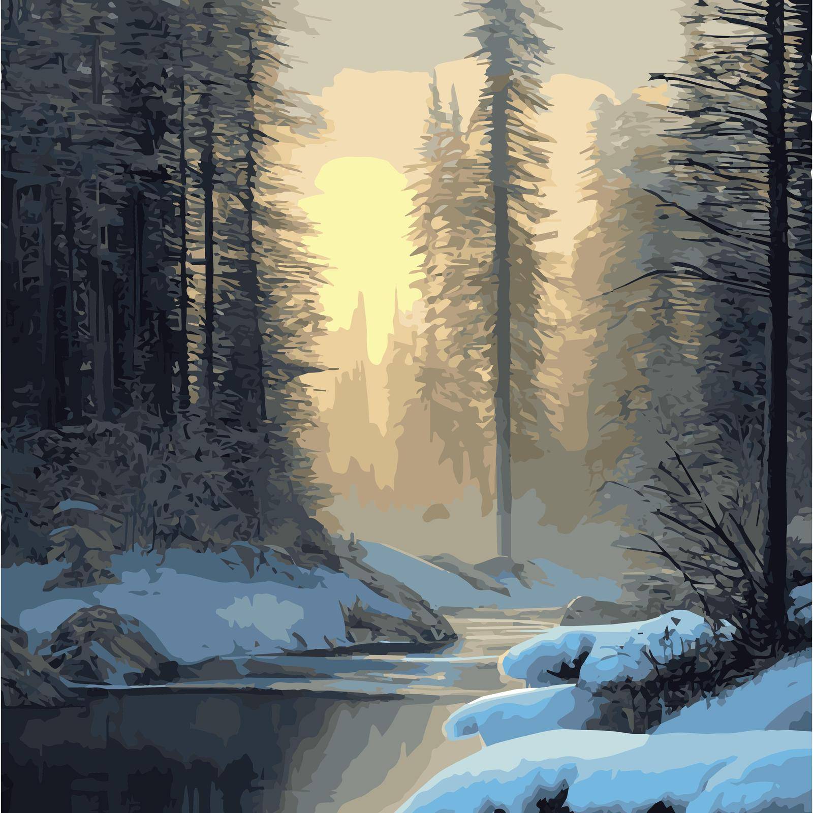 Winter landscape with snowy spruce forest forest vector illustration. Wildlife, frozen, foggy, taiga. Fantasy landscape. Winter in nature forest with spruce, pine and bushes. Christmas holiday