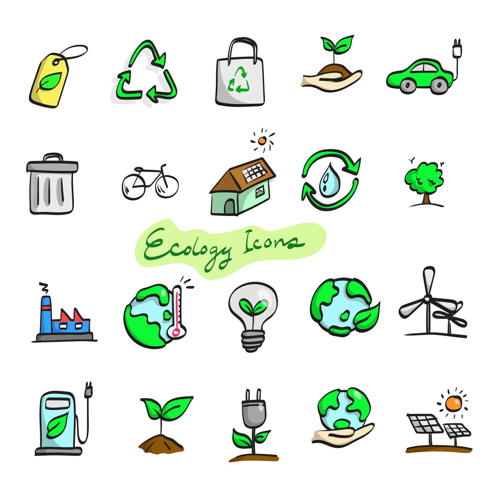 colorful ecology icon set illustration vector hand drawn isolated on white background 
